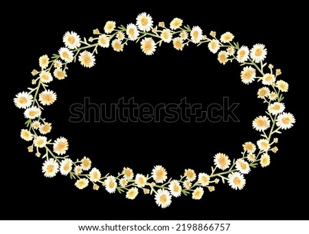Chamomile oval wreath. Watercolor illustration. Place for text. Isolated on a black background. For design of stickers, garden supplies, dishes, kitchen accessories, greeting cards.