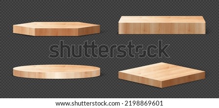Vector set of wood pedestals podium, Abstract geometric empty stages wooden exhibit displays award ceremony product presentation Royalty-Free Stock Photo #2198869601