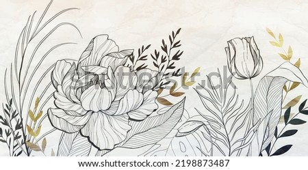 Botanical line bakground with peonies flowers and leaves. Floral foliage for wedding invitation, wall art or card template. Vector illustration. Luxury rustic trendy art