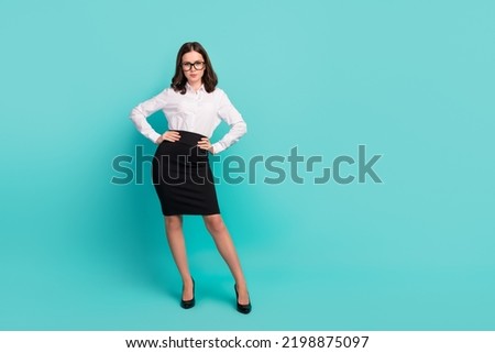 Full length photo of marketer lady university lecturer look confident start up isolated on cyan color background