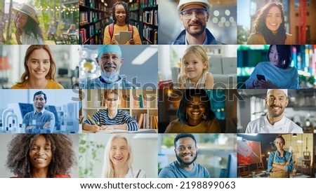 Split Screen Collage of Happy Multicultural and Multi-Ethnic People of Diverse Background, Gender, Ethnicity, and Occupation Smiling at Posing Looking at Camera and Cheerfully Smiling Royalty-Free Stock Photo #2198899063