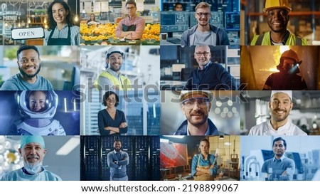Multiple Screen Edit: Diverse Group of Professional People Smiling. Business People, Entrepreneur, Worker, Engineers, Female Astronaut, Artist, Chef, CEO, IT Specialist. Happy Workers of the World Royalty-Free Stock Photo #2198899067