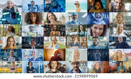 Montage of Happy Multi-Cultural and Multi-Ethnic People of Diverse Background, Gender, Ethnicity, and Occupation Smiling at Posing Looking at Camera. Happy Workers of the World Cheerfully Smiling. Royalty-Free Stock Photo #2198899069