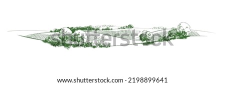 Vector sketch Green grass field on small hills. Meadow, alkali, lye, grassland, pommel, lea, pasturage, farm. Rural scenery landscape panorama of countryside pastures. illustration Royalty-Free Stock Photo #2198899641