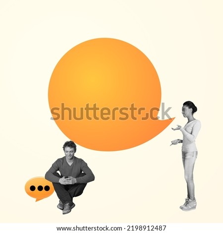 Creative abstract collage of funny couple talking sms empty space