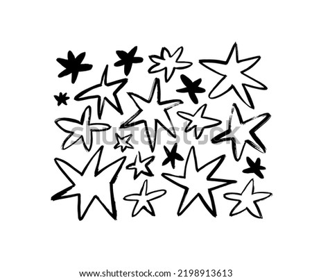 Vector collection of star shapes. Hand drawn doodle style, thin brush strokes and silhouettes. Star clip arts for Christmas and Birthday. Hand drawn vector ink illustrations isolated on white. 
