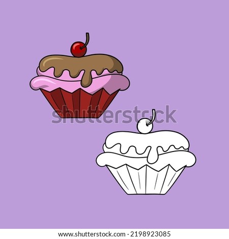 A set of images, a big delicious cake, a pink delicious cupcake with delicate chocolate cream and cherry berry, a vector illustration in cartoon style on a colored background
