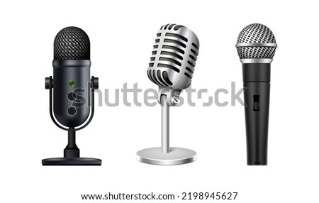 3d realistic icon collection. Music and sound concept. Set of modern microphones. Isolated on white background.