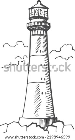 Lighthouse engraving. Hand drawn coast signal tower