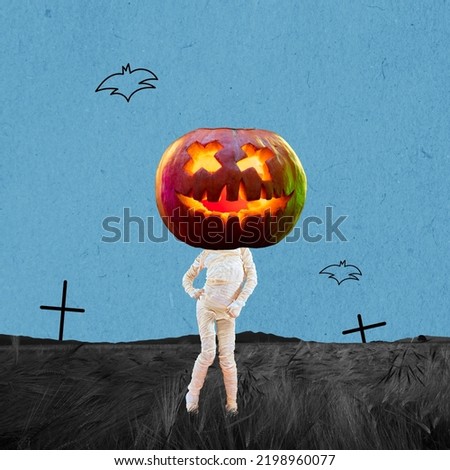 Huge glowing pumpkin with human body strolling at night. Contemporary art collage. Halloween holidays theme. Ideas, inspiration, party, ad. Surrealism. Spooky night
