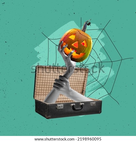 Human hands with Halloween pumpking reaching up from retro suitcase over cyan color background. Contemporary art collage. Night of fear. Banner, poster for Halloween holiday