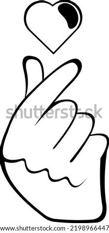 Vector illustration of a cartoon hand crossing fingers with a heart. Classic korean gesture or from other asian cultures in meaning of love. Drawn in black and white