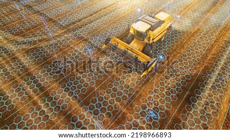 Aerial Shot: Harvester Working on Field. Digitalization of the Crops Growing Efficiency with AI Data Analysis. Futuristic Agriculture Concept of Computerized, Eco, Sustainable Harvesting.