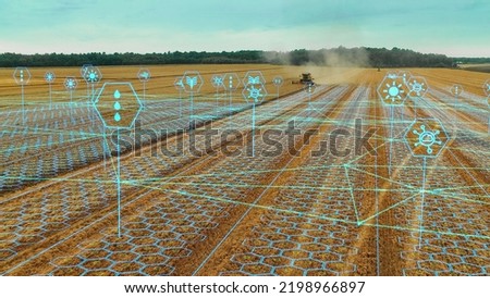 Aerial Shot: Harvester Working on Field. Digitalization of the Crops Growing Efficiency with AI Data Analysis Icons. Futuristic Agriculture Concept of Computerized, Eco, Sustainable way of Harvesting