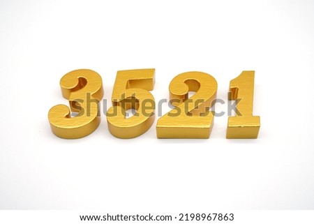  Number 3521 is made of gold-painted teak, 1 centimeter thick, placed on a white background to visualize it in 3D.                                 