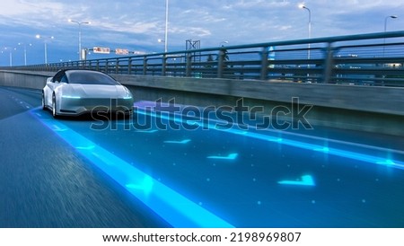 Autonomous Self-Driving 3D Car Moving Through City Highway. VFX Visualization Concept: Software Sensor Scanning Road Ahead for Vehicles, Danger, Speed Limits. Day Urban Driveway. Front Following View Royalty-Free Stock Photo #2198969807