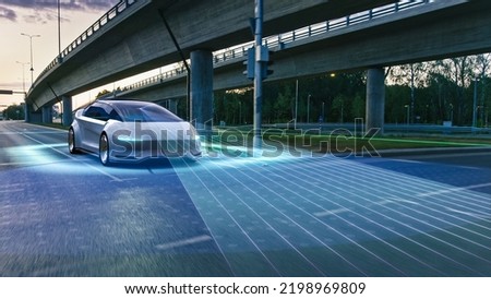 Autonomous Self-Driving 3D Car Moving Through City Highway. Visualization Concept: Sensor Scanning Road Ahead for Vehicles, Danger, Speed Limits. Day Urban Driveway. Front Following View Royalty-Free Stock Photo #2198969809