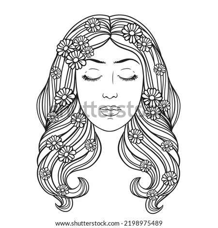 Girl with long wavy hair and flowers, vector linen black and white illustration. Coloring book page, tattoo, poster, beauty salon design.