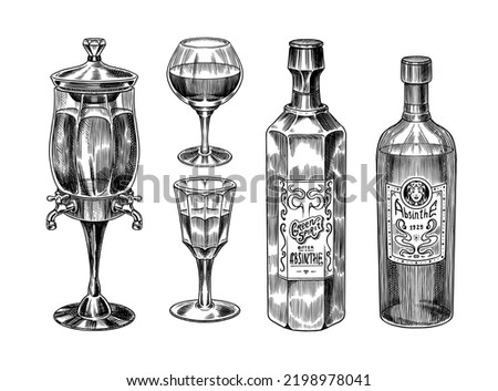 Bottle of Absinthe Glass shot. Label for retro poster or banner. Engraved hand drawn vintage sketch. Woodcut style. Vector illustration. Royalty-Free Stock Photo #2198978041