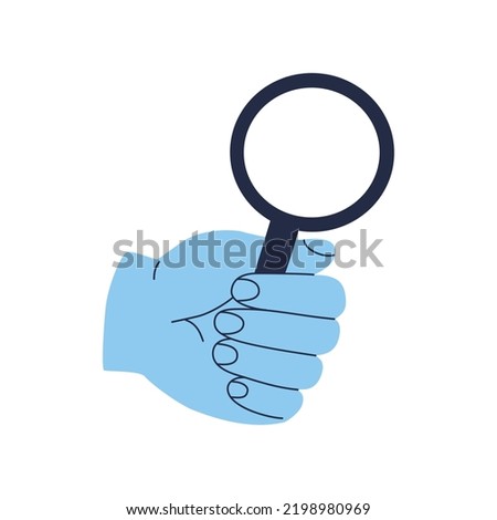 Human hand with magnifying glass or loupe. Hand drawn color vector illustration isolated on white background. Modern flat cartoon style. Royalty-Free Stock Photo #2198980969