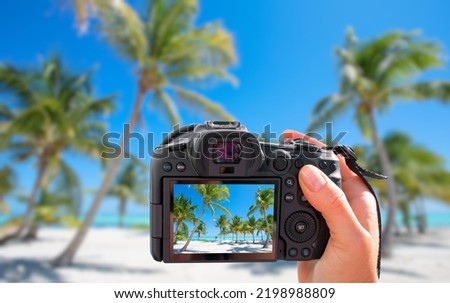 Photographer holding digital camera in hand and taking landscape picture of tropical beach with palm trees
