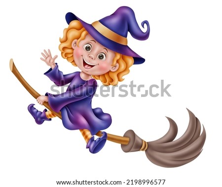 Cute little cheerful witch in a purple hat and dress is flying on a broom. Perfect for the design of children textiles, nursery posters, stickers, stationery, halloween party invitation
