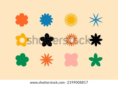  Abstract geometric flower shape and silhouettes, black brutalism forms. Modern trendy minimalist postmodern brutalist basic figures, stars, lines and circles, memphis vector elements.