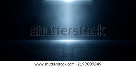 The dark stage shows, blue background, an empty dark scene, neon light, and spotlights The asphalt floor and studio room with smoke float up the interior texture for display products. illustration