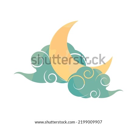 oriental moon and clouds isolated icon