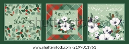 Christmas and Happy New Year cards with Christmas tree and white flowers. Vector design template.