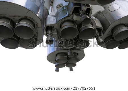 Space rocket bottom view. Rocket jet turbines. Soviet rocket. A secret strategic object. Isolated on white background.