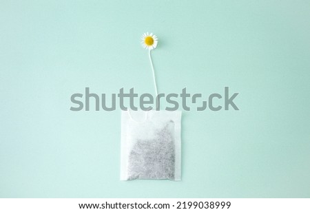 Chamomile tea package on green background, white cute chamomile medical medicinal herbs.  The concept of seasonal colds, depression, diseases of the gastric tract.  Flat lay, background pattern.