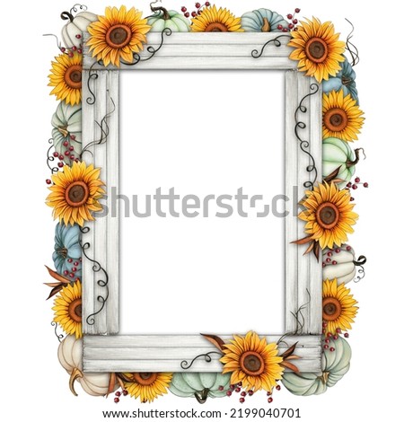 Watercolor rustic sunflower and pumpkins frame