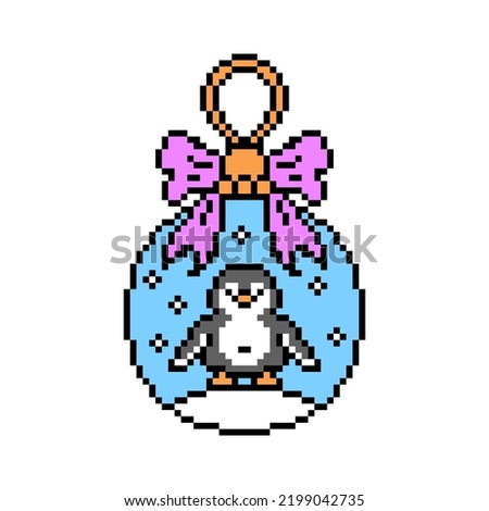 Pixel art Christmas ball with penguin in snow decorated with ribbon bow isolated on white background. 8 bit winter holiday bauble symbol. Vintage retro 80's-90's slot machine, video game graphics.