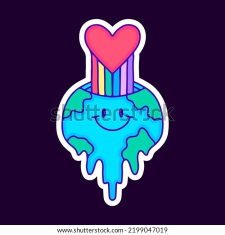 Melted earth planet with rainbow love inside cartoon, illustration for t-shirt, sticker, or apparel merchandise. With modern pop and retro style.