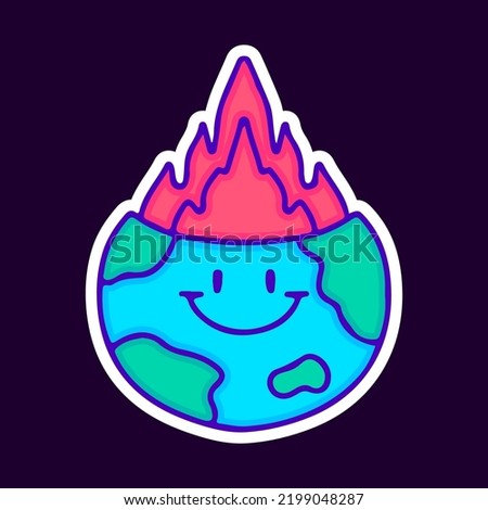 Fire inside smile earth planet emoji cartoon, illustration for t-shirt, sticker, or apparel merchandise. With modern pop and retro style.