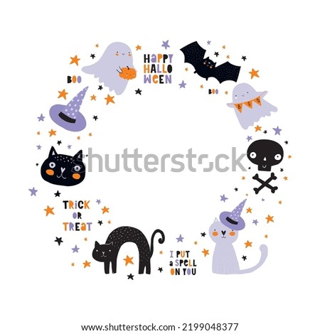 Halloween Vector Illustration with Round Frame. Print with Ghost, Bat, Cat, Skull, With Hat and Stars in a Circle on a White Background ideal for Card, Invitation, Poster, Halloween Party Decoration.