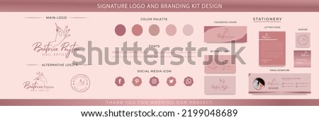 Minimal Brand Guide for botanical, spa, feminine beauty, salon, nail artist logo and stationary set premium vector