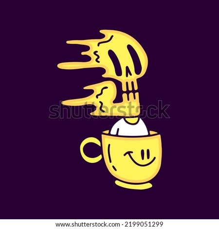 Trippy skeleton inside cup of coffee cartoon, illustration for t-shirt, sticker, or apparel merchandise. With modern pop and retro style.