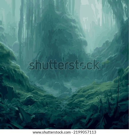 exotic foggy forest natural forest landscape. vector illustration . Landscape silhouette. Dense trees, lush spring, summer grass. Tropical forest with dense vegetation of trees, shrubs and vines.