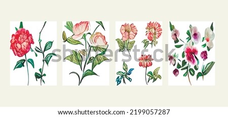 set vintage postcards postcard with colorful wildflowers on a white background. Vector illustration. Herbs and wildflowers. Set floral elements for your compositions, Modern floristry .Greeting card