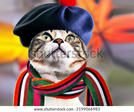 Cute autumn cat head with blue beret and scarf. Looks like painter. Fashion Contemporary art collage. 