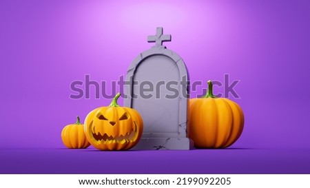 3d render, blank grave stone and pumpkin jack lantern, Halloween clip art isolated on purple background