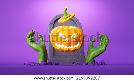 3d render, tombstone, pumpkin jack lantern and scary green zombie arms show out of the ground, halloween clip art isolated on purple background