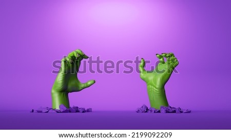 3d render, green zombie hands burst out of the ground, halloween clip art isolated on purple background