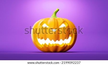 3d illustration, pumpkin jack lantern with scary face, Halloween clip art isolated on purple background