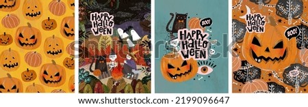Happy Halloween. Vector cute illustrations: pumpkin head, black cat, funny skeleton, ghosts, eyes for postcard creation, background, card and poster