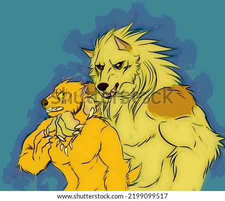 Digital illustration of a muscular blonde werewolf choking a smaller werewolf who's weating a teeth necklace 
