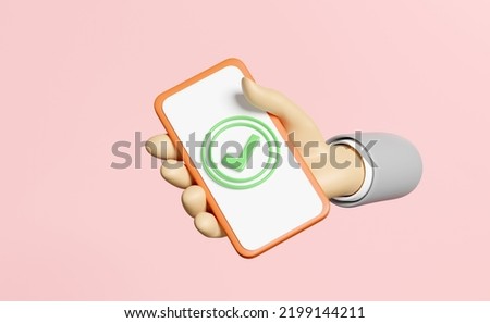 3d hand holding smartphone with check marks, tick symbols isolated on pink background. hand using mobile phone, minimal concept, 3d render illustration, clipping path