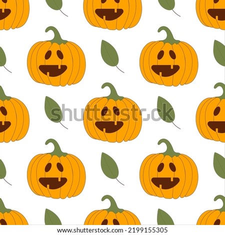 Pattern of pumpkin and leaf on light background. Vector image for use in website design or textiles
